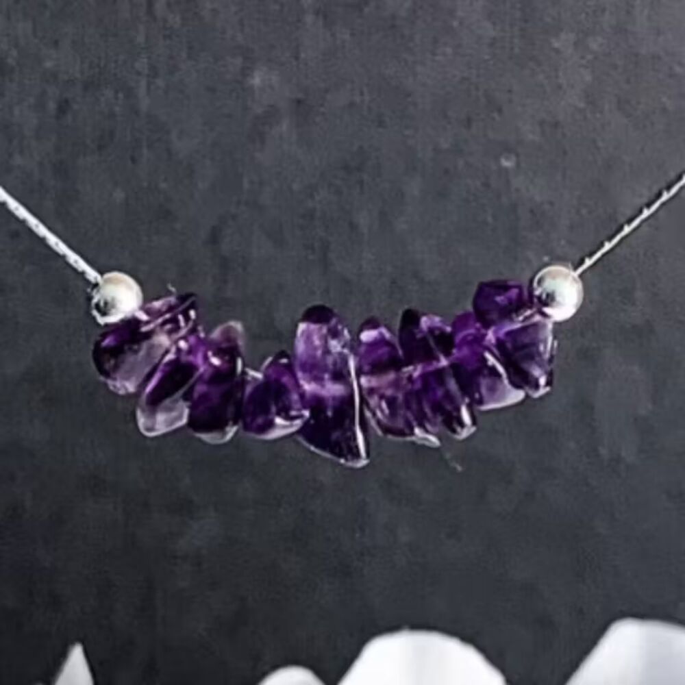 Amethyst Crystal Gemstone Beaded Necklace Silver Chain Stress Release Protection